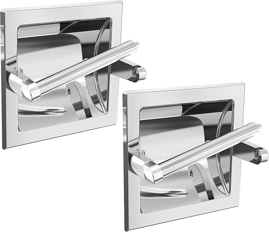 Toilet Paper Holder 2 Pack, Recessed Pivoting Toilet Paper Holder Wall Mount Stainless Steel for Large Rolls in Bathroom (Chrome)
