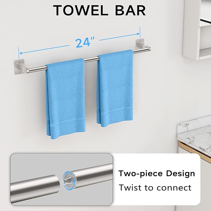 Brushed Nickel Bathroom Accessories Set, 10 Pieces Bathroom Hardware Set, 24 inch Towel Bar, Towel Racks for Bathroom, Robe Towel Hooks, Toilet Paper Holder Wall Mounted