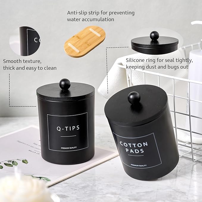 Glass Qtip Holder for Bathroom, Black Cotton Round Holder Swab Pad Dispenser with Lids, Floss Pick Holder with Bamboo Tray, Apothecary Jars with Scoop, Set of 3