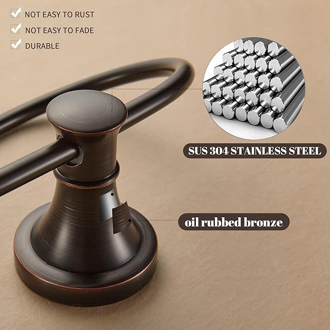 WOLIBEER Bronze Towel Holder, Oil Rubbed Oval Hand Towel Ring Wall Mount Farmhouse Towel Hanger Rustic Towel Rack Stainless Steel Bath Accessories