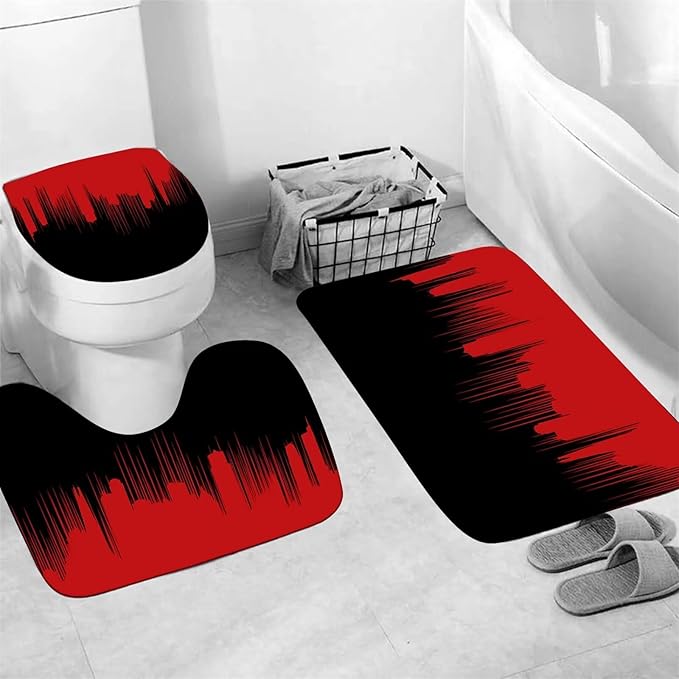 Yddsky 4 Pcs Red and Black Shower Curtain Sets Non-Slip Rugs Bath Mat Toilet Cover, U-Shaped Mat, Gradient Shower Curtain with 12 Hooks, Black and Red Bathroom Set