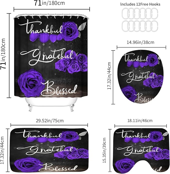 Onalasyc 4Pcs Purple Rose Shower Curtain Set with Rugs Waterproof Bathroom Sets with Shower Curtain and Rugs Romantic Rose Floral, Thankful Grateful Blessed Bathroom Curtains Shower Set,with 12 Hooks