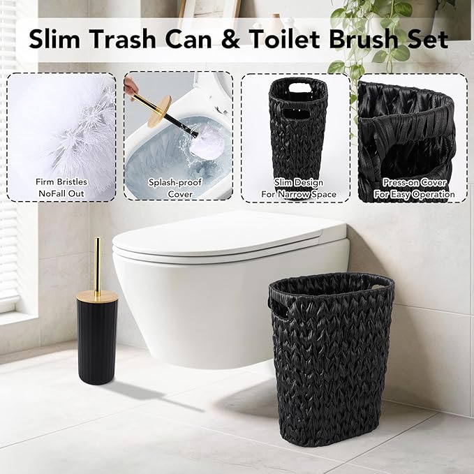 Bathroom Accessories Set - 10PCS Bathroom Set with Handwoven Trash Can,Shower Curtain,Toilet Brush Holder Set,Tissue Holder & Soap Dispenser for Bathroom Décor and Housewarming Gifts (Black, Bath Set)