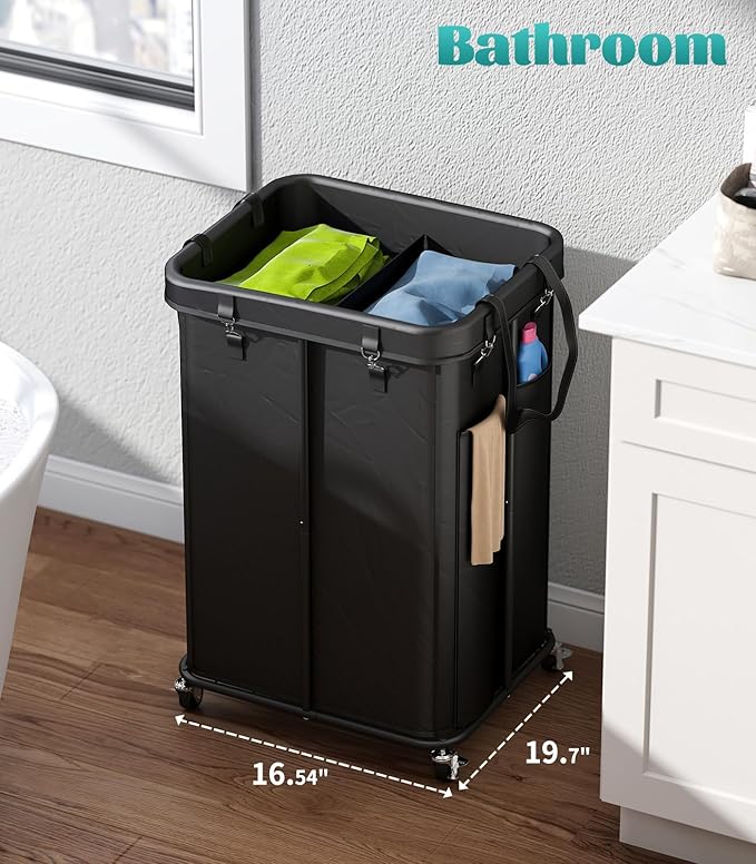 Laundry Hamper with Wheels, Rolling Laundry Basket with Metal Frame and Removable Bag, Double Laundry Hamper 2 Section, Large & Tall Dirty Clothes Hampers for Bedroom Aesthetic, Laundry Room, Bathroom