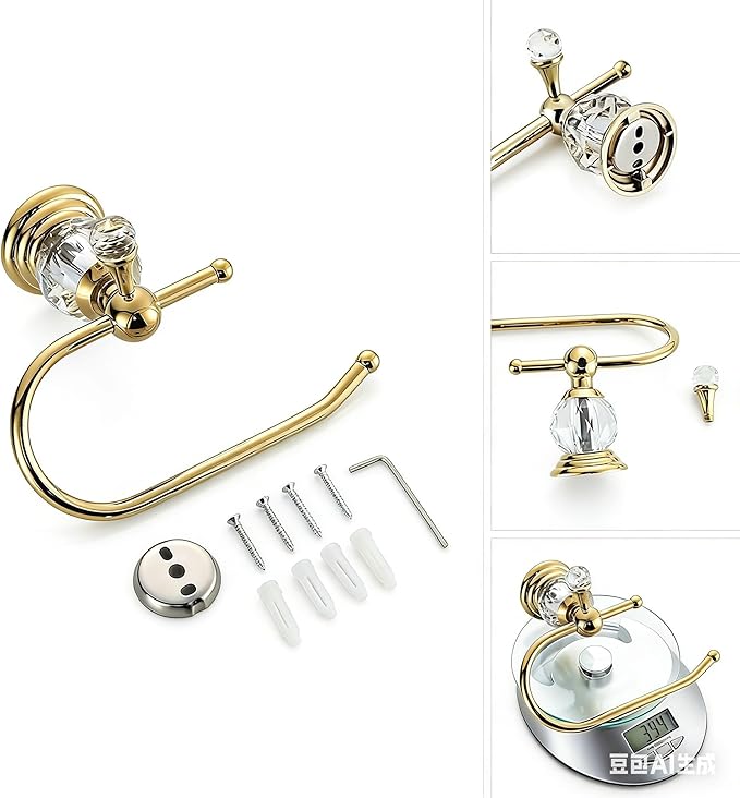 Gold Bathroom Accessories,Crystal Towel Bar Set Adjustable,Polished Brass Toilet Paper Holder Towel Ring Robe Hooks Bathroom Hardware 4 Pieces Wall Mounted