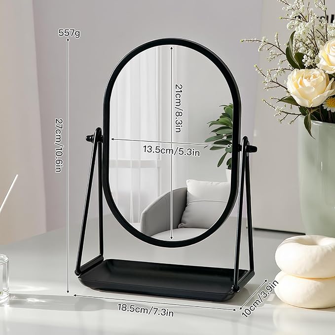 Desk Table Mirror with Stand Portable Vanity Tabletop Mirrors Black Metal Framed Oval Makeup Mirror 360°Adjust Rotate Cosmetic Mirrors Good for Office Bedroom Bathroom Dorm
