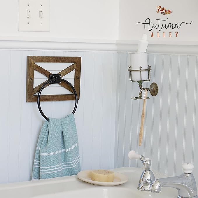 Autumn Alley Farmhouse Decor Hand Towel Ring for Bathroom - Coastal Towel Holder/Rack, Wall Mounted, Mix of Wood, Unique Shiplap & Black Ring