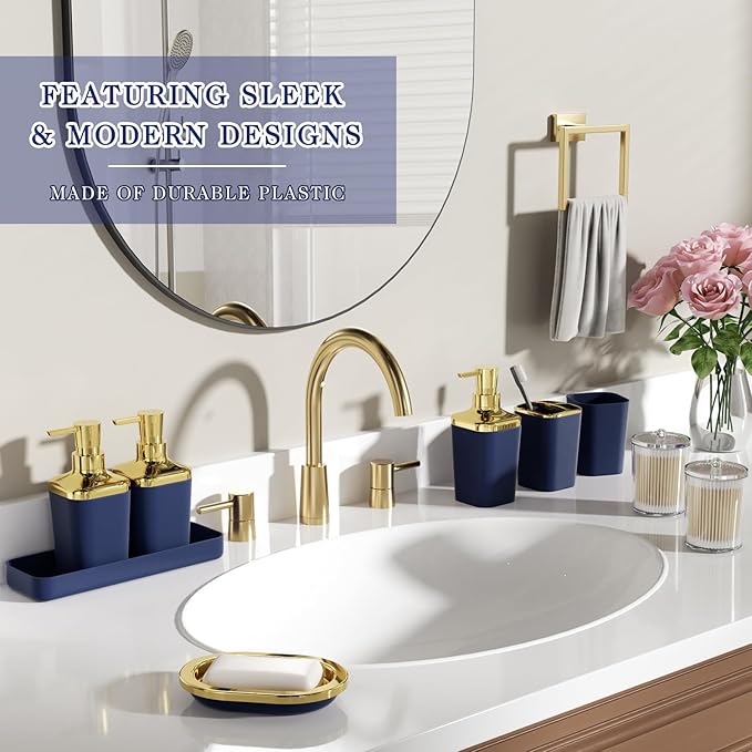 Bathroom Set - 27PC Bathroom Sets with Shower Curtain and Rugs, Blue Bathroom Set, Blue Bathroom Accessories Set with Push-lid Trash Can, Toilet Brush & Soap Dispensers