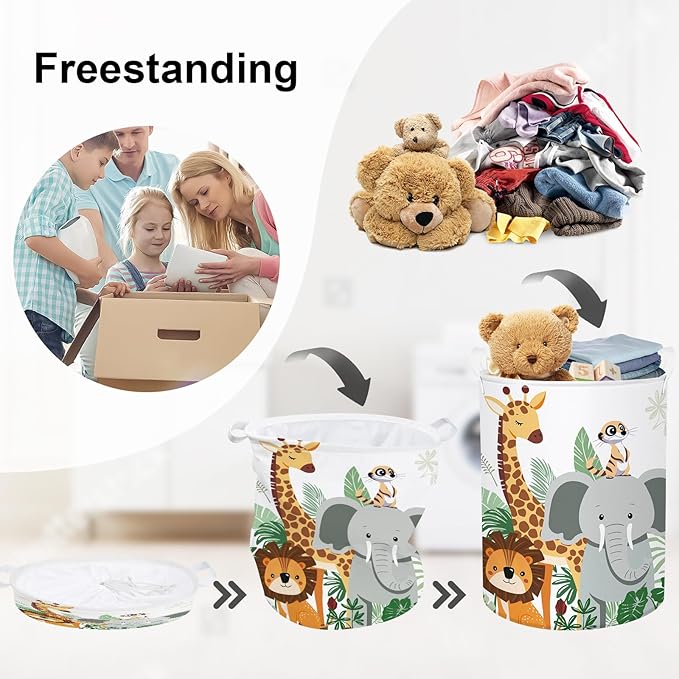 Tropical Animals Baby Laundry Hamper Collapsible Clothes Kid Storage Basket Giraffe Elephant Large Boys Girls Gift Toy Box Bin for Nursery, Lion, 63L
