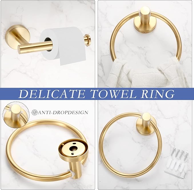 10 Pcs Matte Bathroom Hardware Set SUS304 Bathroom Hanger Set 16 Inch Hand Towel Bar Towel Holder Toilet Paper Holder Angled Hook 2 Robe Towel Hooks Wall Mounted Accessory(Gold)