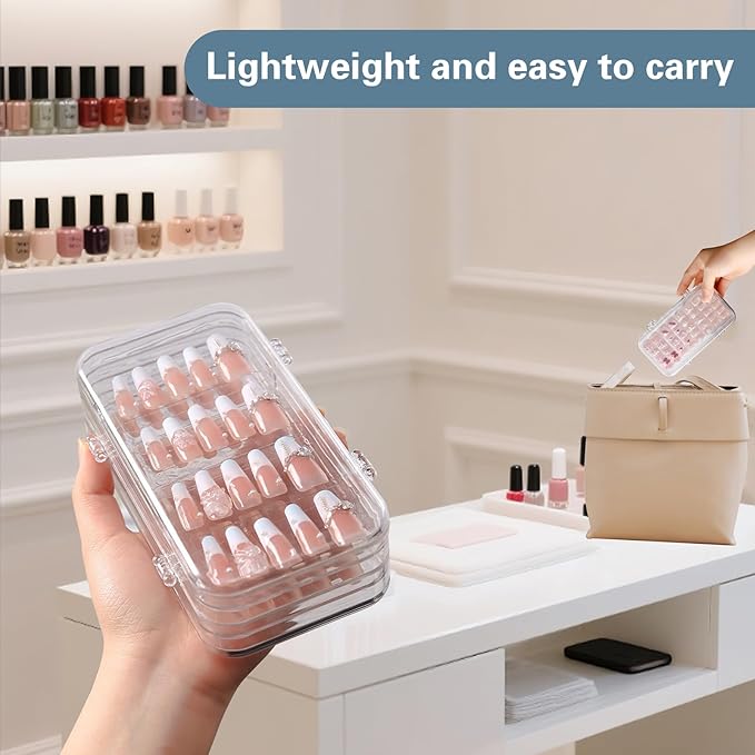 2 Set Tri-Fold Press On Nail Organizer with 60 Strips Double Sided Tape, Portable Clear Plastic 4 Page Fake Nails Packaging Case for Travel, Nall Display, Salon Supplies (5.9 x 3.2 x 1.8 Inch)