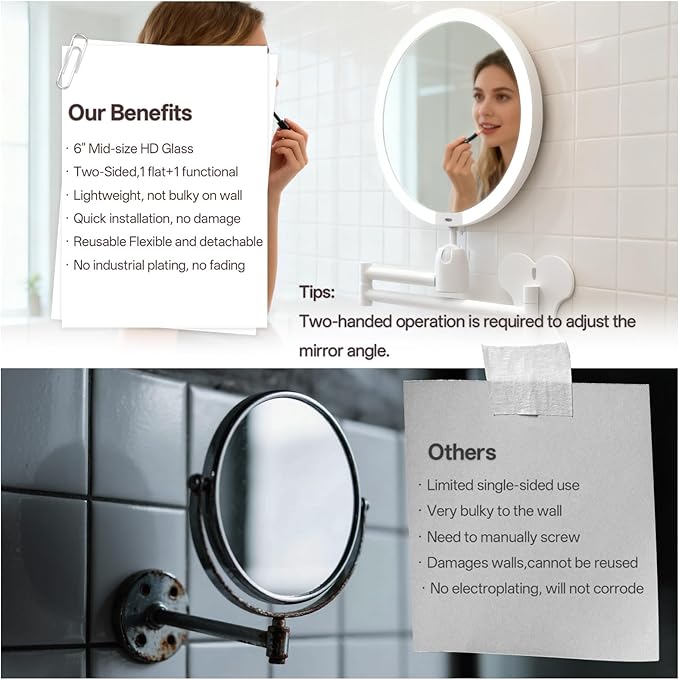 6" Led Wall Mounted Makeup Mirror Double Sided 1/20X, 1-Second Install Lightweight Compact Wall Mirror with Light, Rechargeable Extendable Magnifying Mirror for Bathroom, Wall Vanity Mirrors (1+20X)
