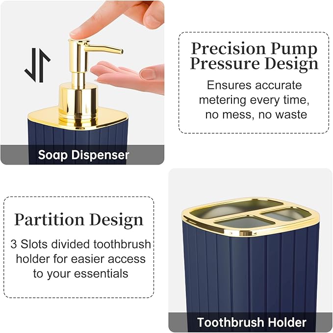 2PCS Bathroom Accessories Set, Navy Blue Bathroom Accessories Include Soap Dispenser and Toothbrush Holder for Boho Bathroom Decor