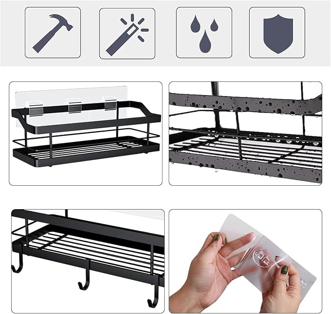Carwiner Shower Caddy Bathroom Shelf 2-Pack, Basket with 8 Hooks for Hanging Shampoo Conditioner, Stainless Steel Rack Wall Mounted Storage Organizer for Kitchen, No Drilling