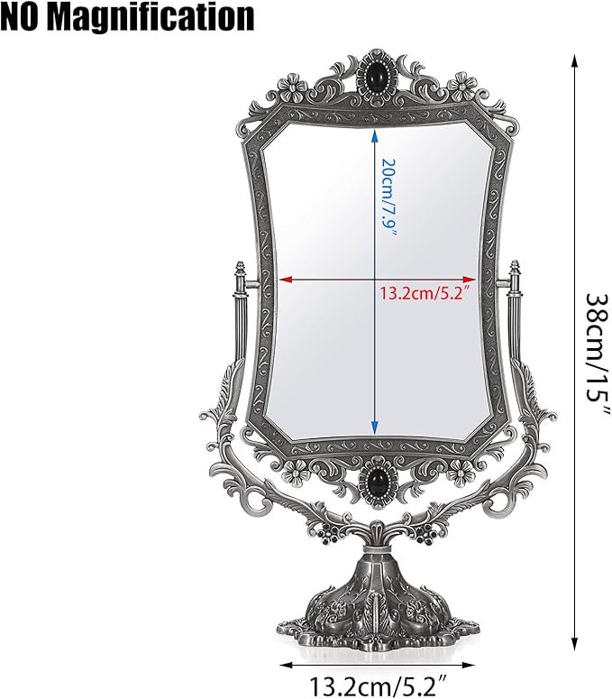 JUXYES Metal Tabletop Antique Decorative Makeup Mirror with Stand, Vintage 360° Swivel Double Sided Cosmetic Mirror with Frame, Retro Desktop Dressing Mirror Magic Mirror for Dresser
