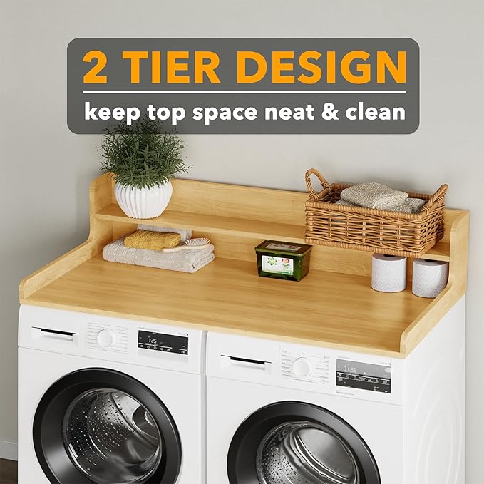 SpaceAid Washer Dryer Countertop with 2-Tier Shelf, Wood Topper with Edge, 54" Width x 27.5" Depth Cover Organizer Guard for Washer and Dryer Counter Laundry Hamper Storage (Maple Wood)