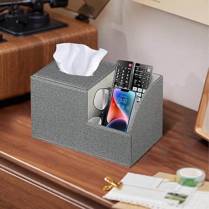 Square Multi-Functional Tissue Box Cover with Storage and Remote Control Holder - Cube Tissue Box Organizer for Bathroom, Nightstand, End Table