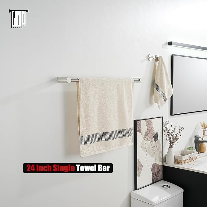JQK Towel Bar Brushed, 26.5 Inch 304 Stainless Steel Thicken 0.8mm 2 Pieces Towel Rack Bathroom Wall Mount, Useable Length 24 Inch, TB610L24-BN