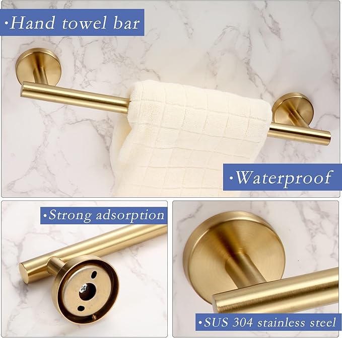 10 Pcs Matte Bathroom Hardware Set SUS304 Bathroom Hanger Set 16 Inch Hand Towel Bar Towel Holder Toilet Paper Holder Angled Hook 2 Robe Towel Hooks Wall Mounted Accessory(Gold)
