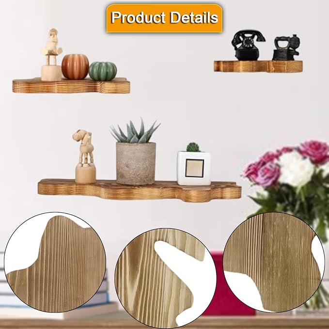 3 Pieces Bathroom Shelves Wall Display Shelves Wood Modern Multipurpose Rustic Cloud Shaped Organizer Stand for Dorm, Dark Brown