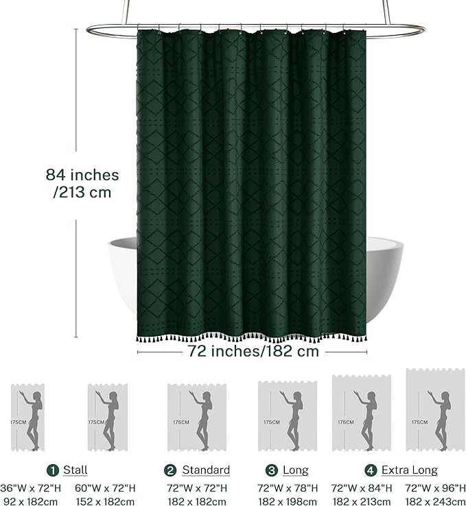 Extra Long Dark Green Boho Woven Fabric Cute 84 Inch Shower Curtain, 72 x 84 Tufted Chevron Textured Striped Modern Farmhouse Minimalist Cloth Shower Curtain for Bathroom