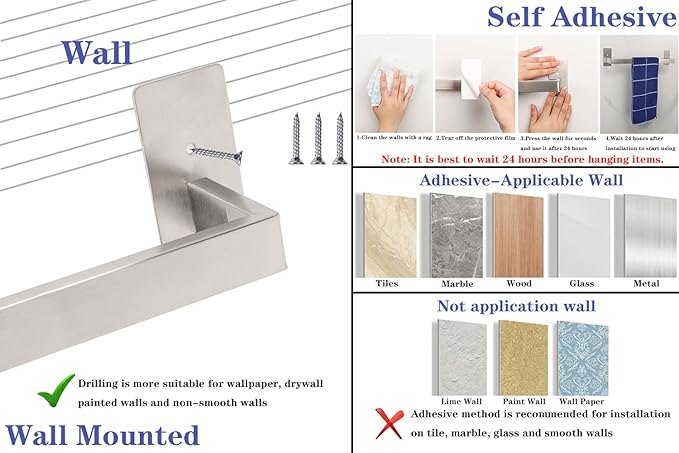Bathroom Towel Bar Self Adhesive, No Drilling Towel Rack Easy to Install, Hand Towel Holder Made of Premium Stainless Steel Sticky on Hand Towel Hanger for Kitchen, Toilet.(24IN, Brushed)