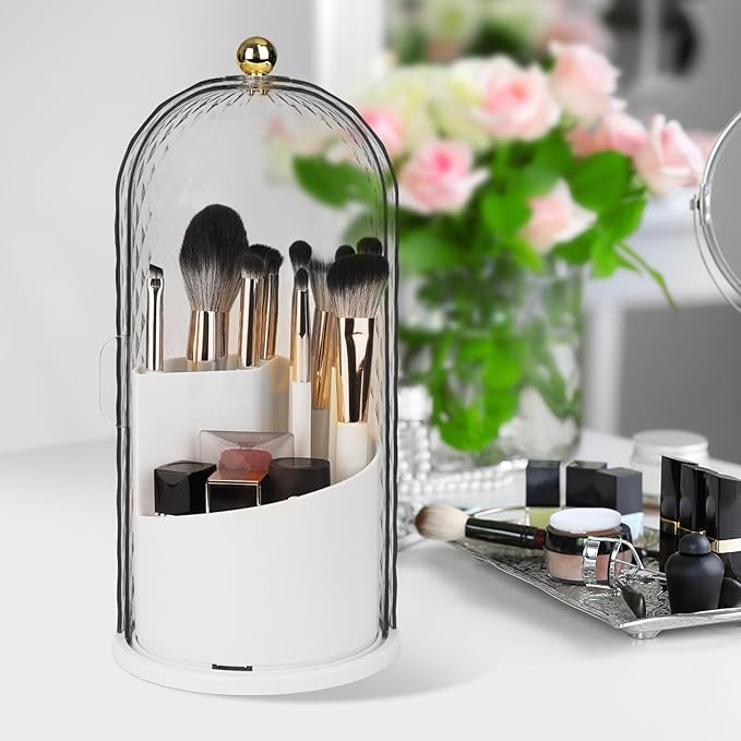 QIYVLOS Toothbrush Holders with Sliding Lid, Rotating 3 Slots Bathroom Organizer Countertop, Tooth Brush Toothpaste Holder Bathroom Counter Stand Caddy for Vanity Makeup Brushes Holder (White)