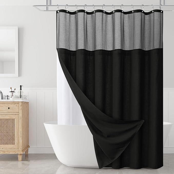 Naturoom Black Shower Curtain 78 inches Long Tall Linen Shower Curtain and Liner Heavy Duty Textured Burlap Cloth Double Bath Curtains with Top Sheer Window Country Style Man Bathroom Decor 72x78