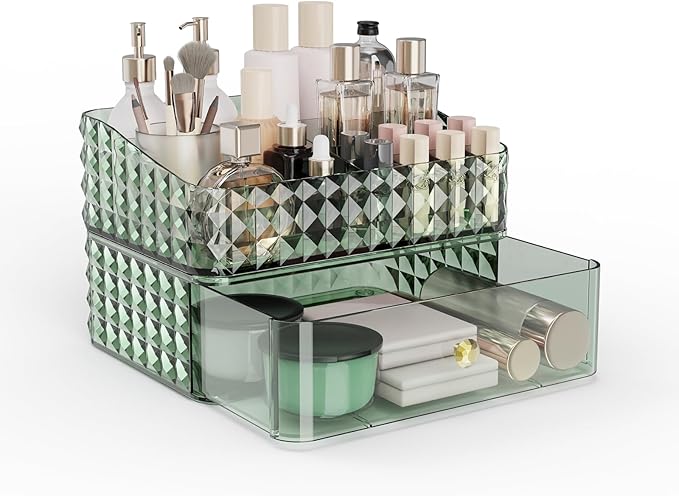 Soimeat Makeup Organizer for Vanity, Stackable Cosmetics Organizer, Cosmetic Display Cases with 1 Drawers and 1 Tray, 2 Layers, Green, FXHZJ-G2