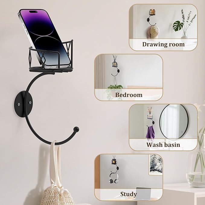 Fashion Matte Black Towel Hook with Candle Holder, Metal Sturdy Wall-Mounted Hand Towel Holder for Bathroom, Holder for Glasses, Candles and Plants, Coat Rack for Bedroom and Bathroom Decor