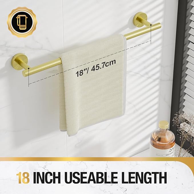 HITSLAM Gold 18 Inch Towel Bar for Bathroom, SUS304 Stainless Steel Bathroom Towel Rack Wall Mounted, Modern Home Decor Bath Towel Holder with Hardware Accessories (Total Length 19.8 Inch)