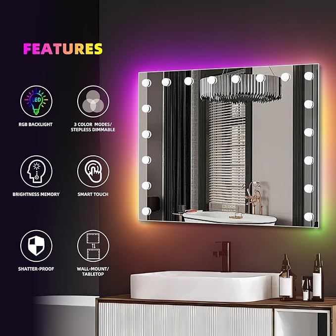 FENCHILIN 32 x 23 Inch RGB LED Vanity Mirror with Light and RGB Backlit Hollywood Lighted Makeup Mirror, Smart Touch Control Light Mirror with Memory Function