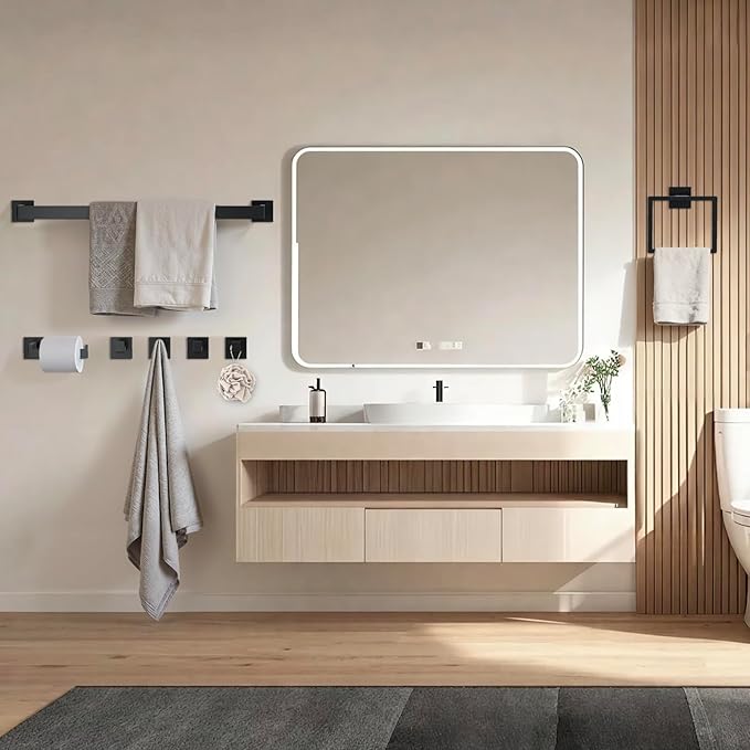 5 Pcs SUS304 Stainless Steel Bathroom Accessories Set, 23.6" Towel Bar, Toilet Paper Holder, Rectangular Towel Ring, Towel Hooks, Minimalist Design for All Styles Bathrooms (Matte Black)