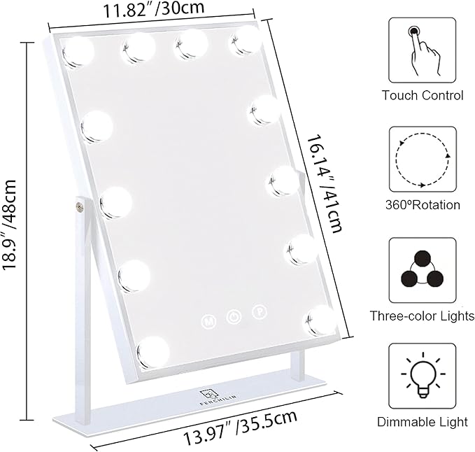 FENCHILIN Vanity Mirror with Lights, 19''x12'' Makeup Hollywood Mirror for Desk with 12 Bulbs Light Smart Touch Control 3 Colors Dimmable Light Detachable 10X Magnification 360°Rotation