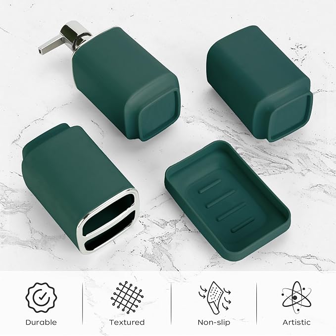 4Pack Bathroom Accessories Set, Bohemian Bathroom Sink Set, Contain Soap Dispenser, Toothbrush Holder, Soap Dish & Mouthwash Cup,Square soap and Toothbrush Holder Set