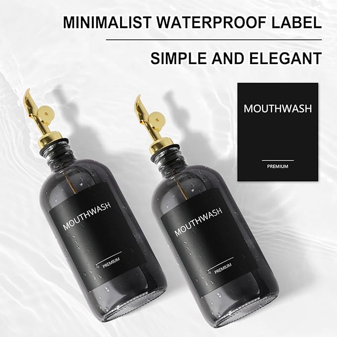 Mouthwash Dispenser for Bathroom, Glass Mouthwash Dispenser with Cup, Mouth Wash Container Bottle with Cup, Refillable Mouthwash Decanter, Clear Blear,17oz 2 Pack