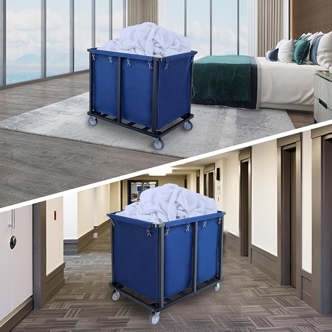 Commercial Laundry Cart with Wheels,600 lbs Industrial Laundry Cart with Steel Frame and Oxford Cloth Bag,Rolling Heavy Duty Laundry Cart with Wheels for Hotel,Housekeeping,400L(Blue)