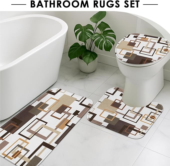 Geometric Brown Shower Curtain Set with Toilet Lid Cover and Non-Slip Rugs, Abstract Square 4 Pcs Shower Curtain for Bathroom, Modern Simple Line Bathroom Decor
