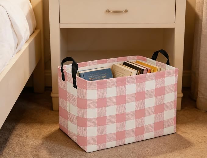 Rectangular Kids Baskets Pink Basket Cute Storage Bins Organizer Box Boys Room Decor for Home.(Pink grid)