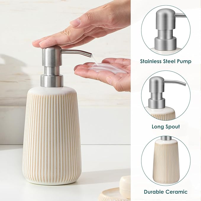 vancasso Ceramic Bathroom Accessories Set 4 Piece, Soap Dispenser with Stainless Steel Pump, Toothbrush Holder, Tumbler and Soap Dish, Modern Relief Design, Bathroom Decor Organizer, Beige-White