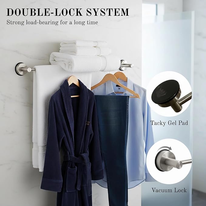 Suction Cup Towel Bar 17-28 Inch Adjustable Retractable Stainless Steel Towel Rack for Bathroom, RV & Renters - No Drill Heavy Duty Wall Mounted Holder, Removable for Glass & Tile (1, Silver)
