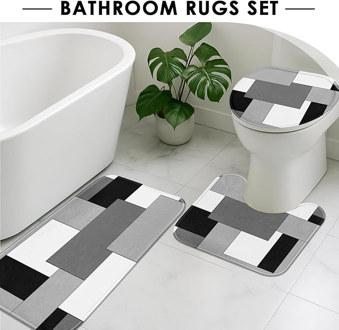 Grey Geometric Shower Curtain Set with Toilet Lid Cover and Non-Slip Rugs for Bathroom, Black White Checkered 4 Pcs Shower Curtain, Modern Abstract Bathroom Set with 12 Hooks