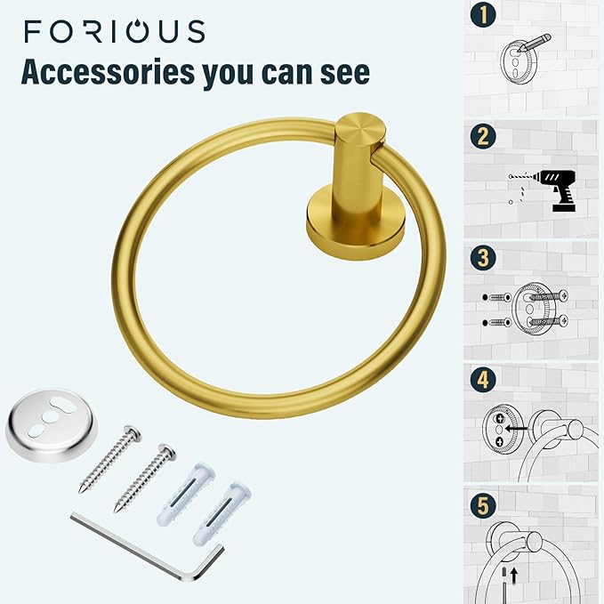 FORIOUS Towel Ring, SUS304 Stainless Steel Modern Hand Towel Holder Rack Hanger Round for Bathroom Wall Mounted, Ideal for Bath, Kitchen, RV, Dark Gold
