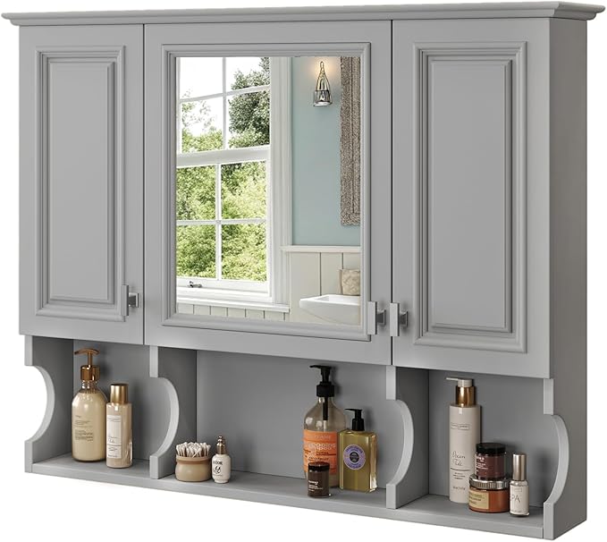 Merax Bathroom Wall Cabinet with Mirror, Wall Mounted Medicine Cabinet with Adjustable Shelves and Open Spaces, 35" x 28" Mirrored Door Over The Toilet Bathroom Storage Cabinet