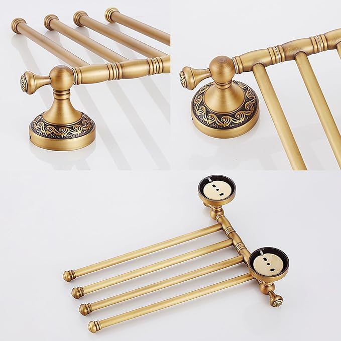 Wall Mounted Bathroom Folding Towel Rack, 4 Towel Bars Antique Brass Pattern Carving,Brushed Bronze