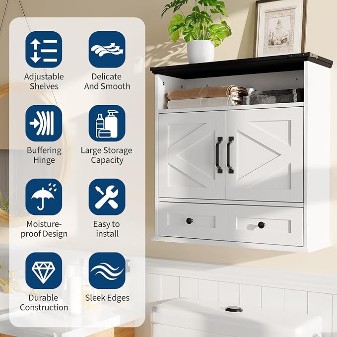 Farmhouse Wall Mounted Medicine Cabinet with Adjustable Shelves, Double Barn Doors & Removable Drawer - Rustic Bathroom Over The Toilet Storage Cabinet for Bathroom, Kitchen, Hallway