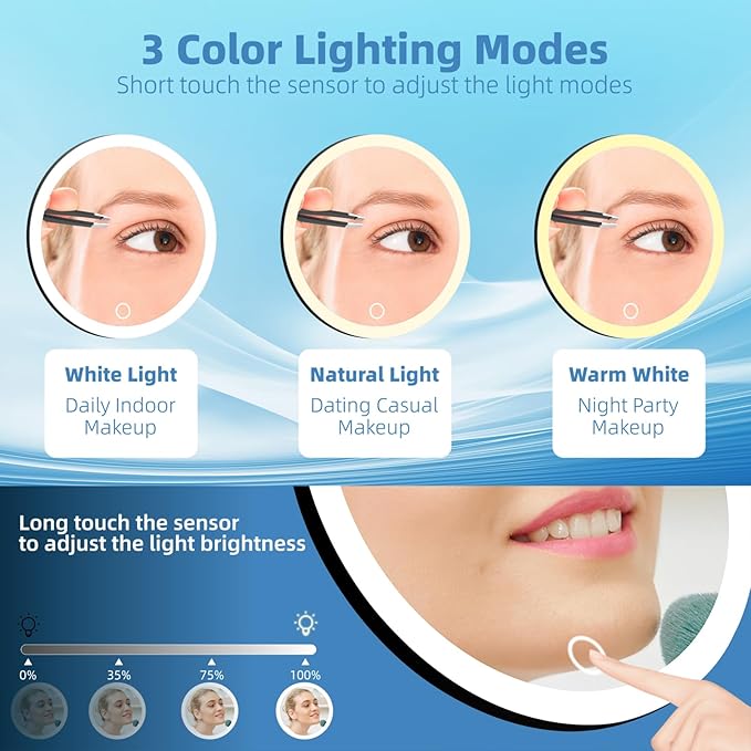 10X Magnifying Mirror with Lights, 10x Magnified Mirror with 3 Suction Cups, 3 Color Dimmable Lighted Makeup Magnification 6inch Travel 10X Magnification with Tweezers & Scissors