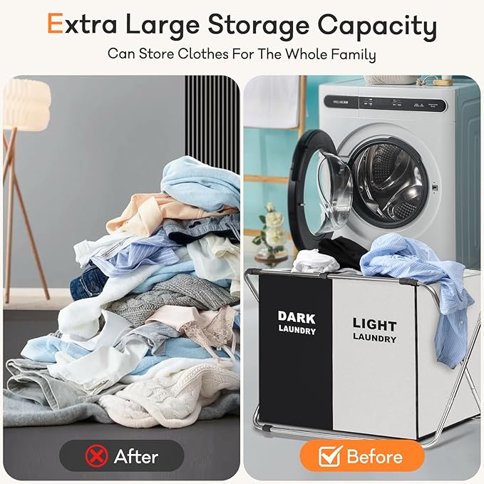 Laundry Cloth Hamper Sorter Basket Bin Foldable 2 Sections with stainless steel Frame Washing Storage Dirty Clothes Bag for Bathroom Bedroom Home Storage Basket (Black+white, 2 Sections)