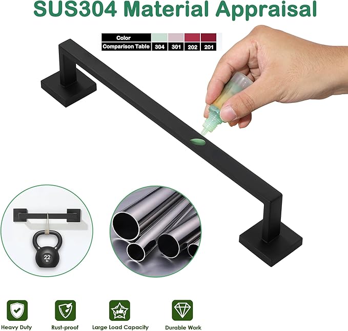 Alise Towel Bar for Bathroom,16'' Towel Holder Black Towel Racks for Bathroom Wall Mount,SUS304 Stainless Steel Towel Rail Towel Hanger for Wall,Matte Black