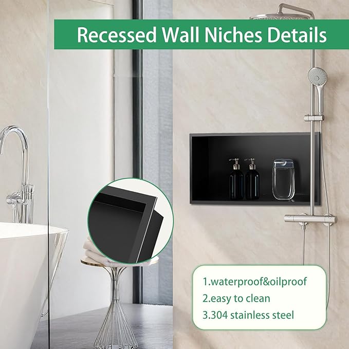 SaniteModar Shower Niche, Stainless Steel Shower Niche No Tile Needed, Recessed for Bathroom Storage (Matte Black, 12x24)